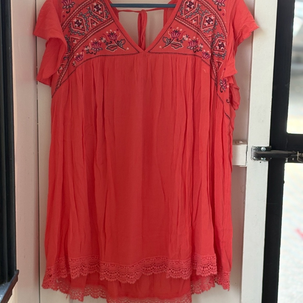 Embroidered Coral Top